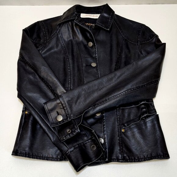 Paris Blue Faux Leather Jacket Small (3-5) Snap Buttons Leopard Trim Detail VGC - Picture 6 of 14